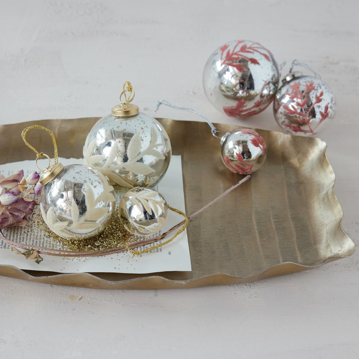 Mercury Glass Ball Ornament with Flocked Pattern, 2 Styles