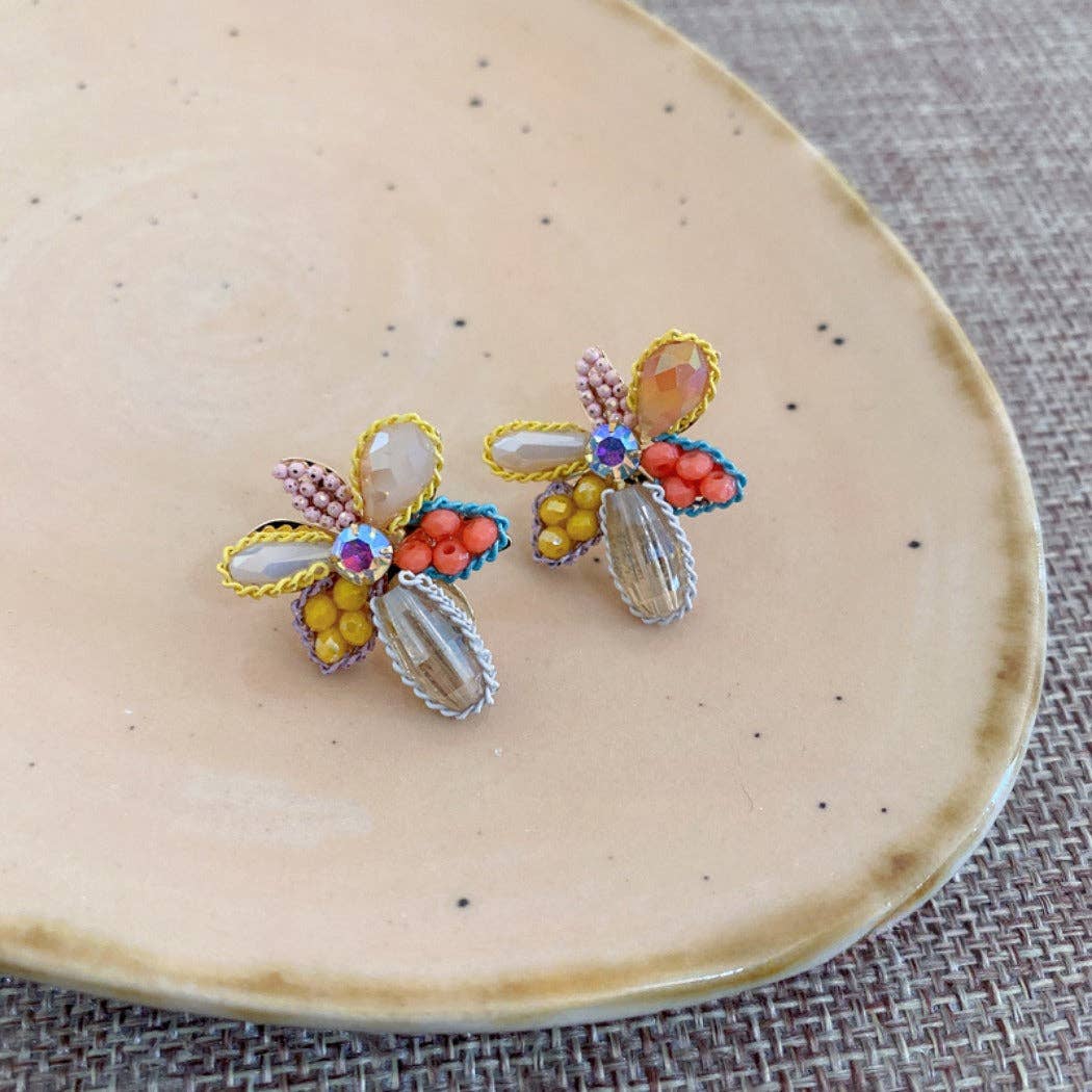 Yellow Colorful Beaded Flower Earrings - La Vie Est Belle